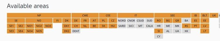 Table showing which areas this service covers