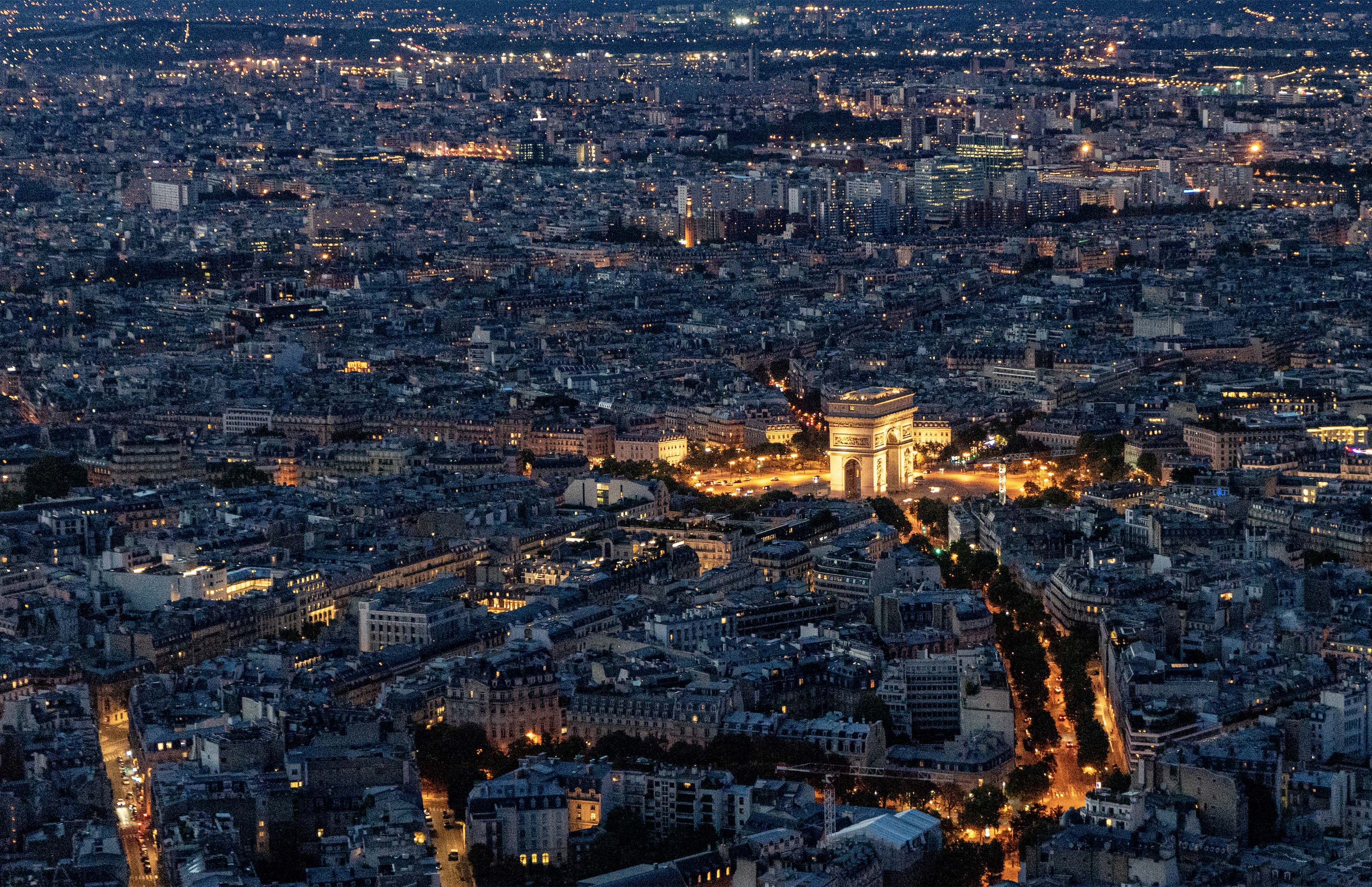Drone view of a city at night