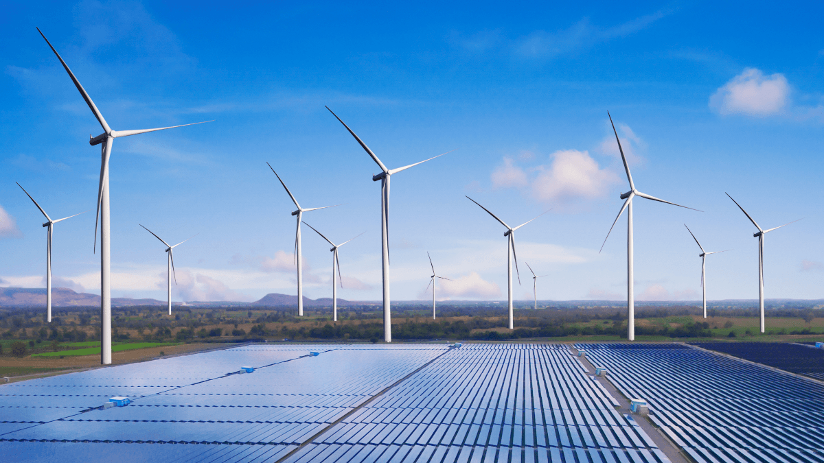 Windmill and solar panels energy farm